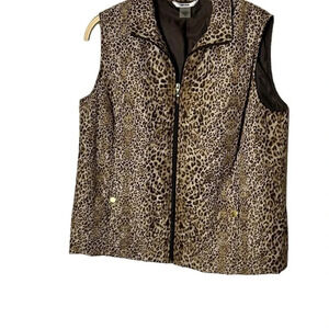 Vtg animal print puffed quilted vest,women size 14.Brown,front zip,mob wife
